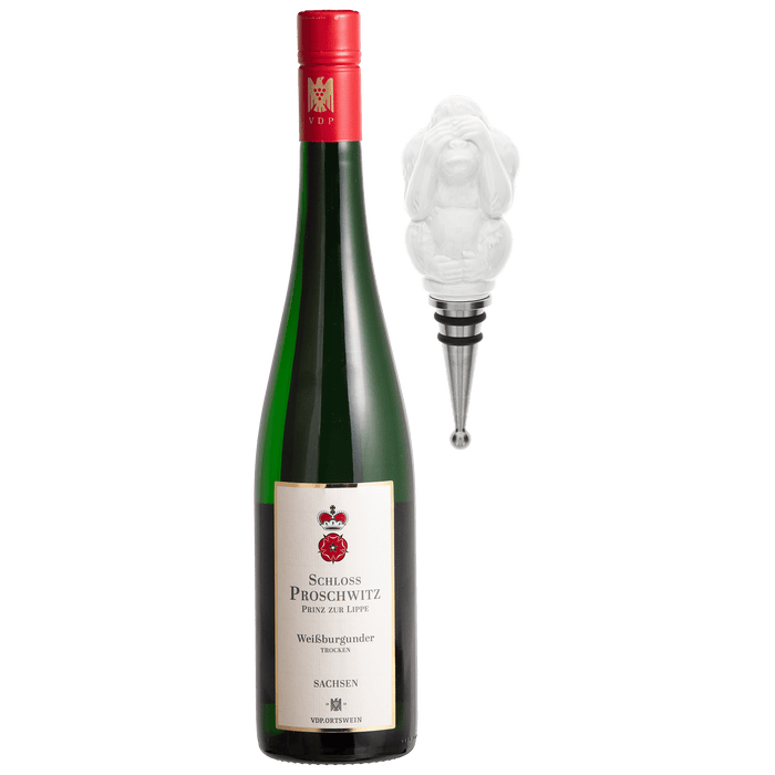 Wein-Set, 2-tlg., Schloss Proschwitz Weißburgunder 0,75 l, 12 % vol., Flaschenverschluss Affe nichts sehen | Meissen-Set Kollektion Genußwelten