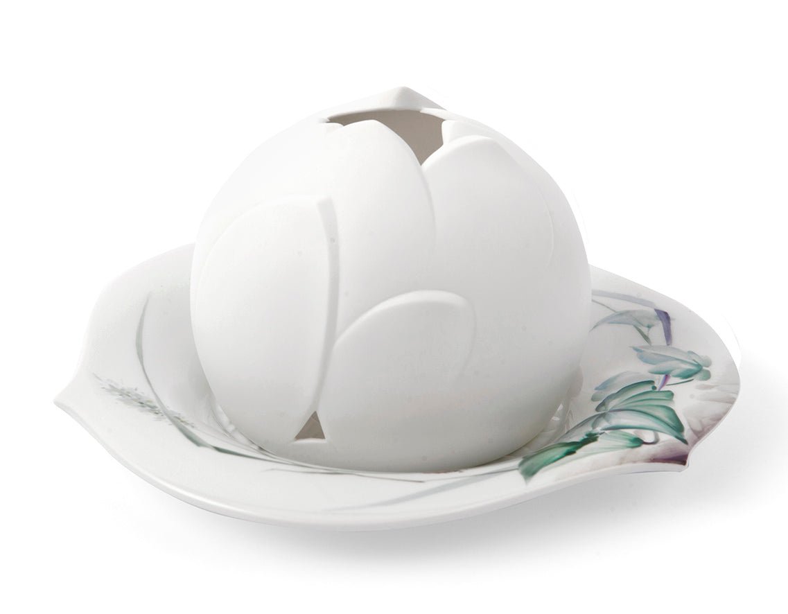 Windlicht Seerosenblüte, Waldflora mit Insekten, bunt, weißer Rand, H 9 cm | Accessoires Meissen Wellenspiel Relief 614501 - 44325 - Meissen Weimar
