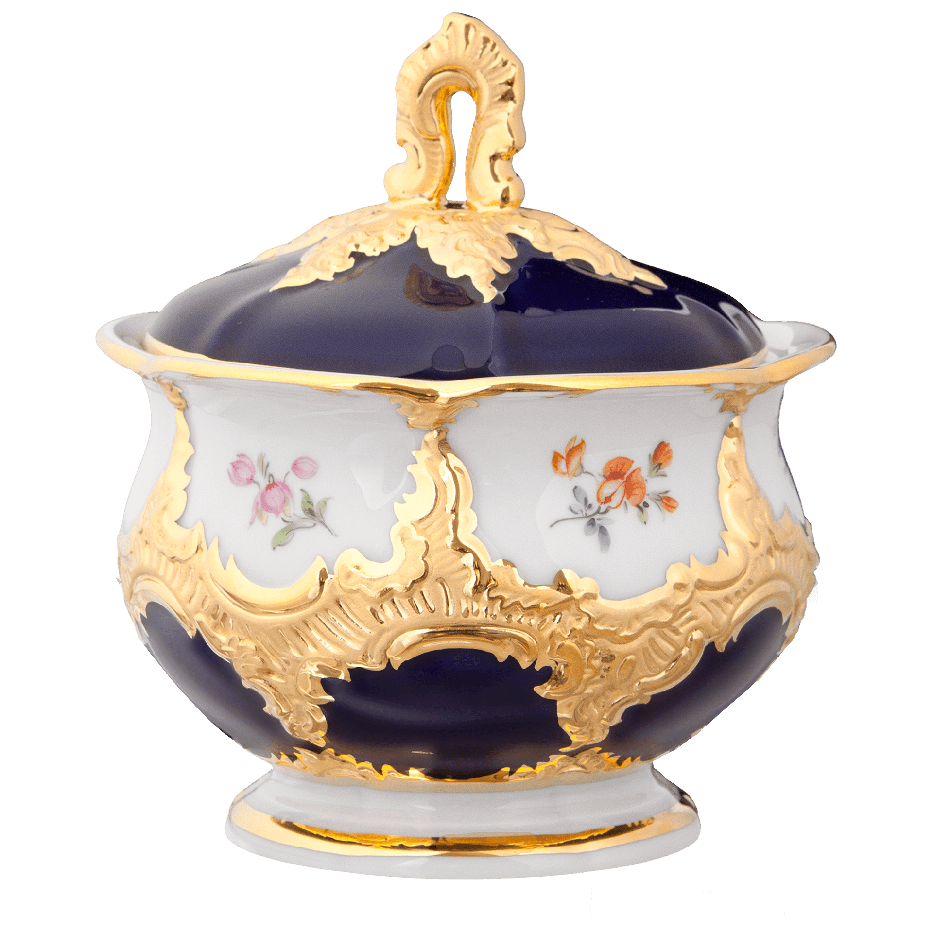 Zuckerdose, gestreute Blümchen, königsblau glasiert, Goldbronze, H 12 cm | Meissen B - Form 011079 - 15823 - Meissen Weimar