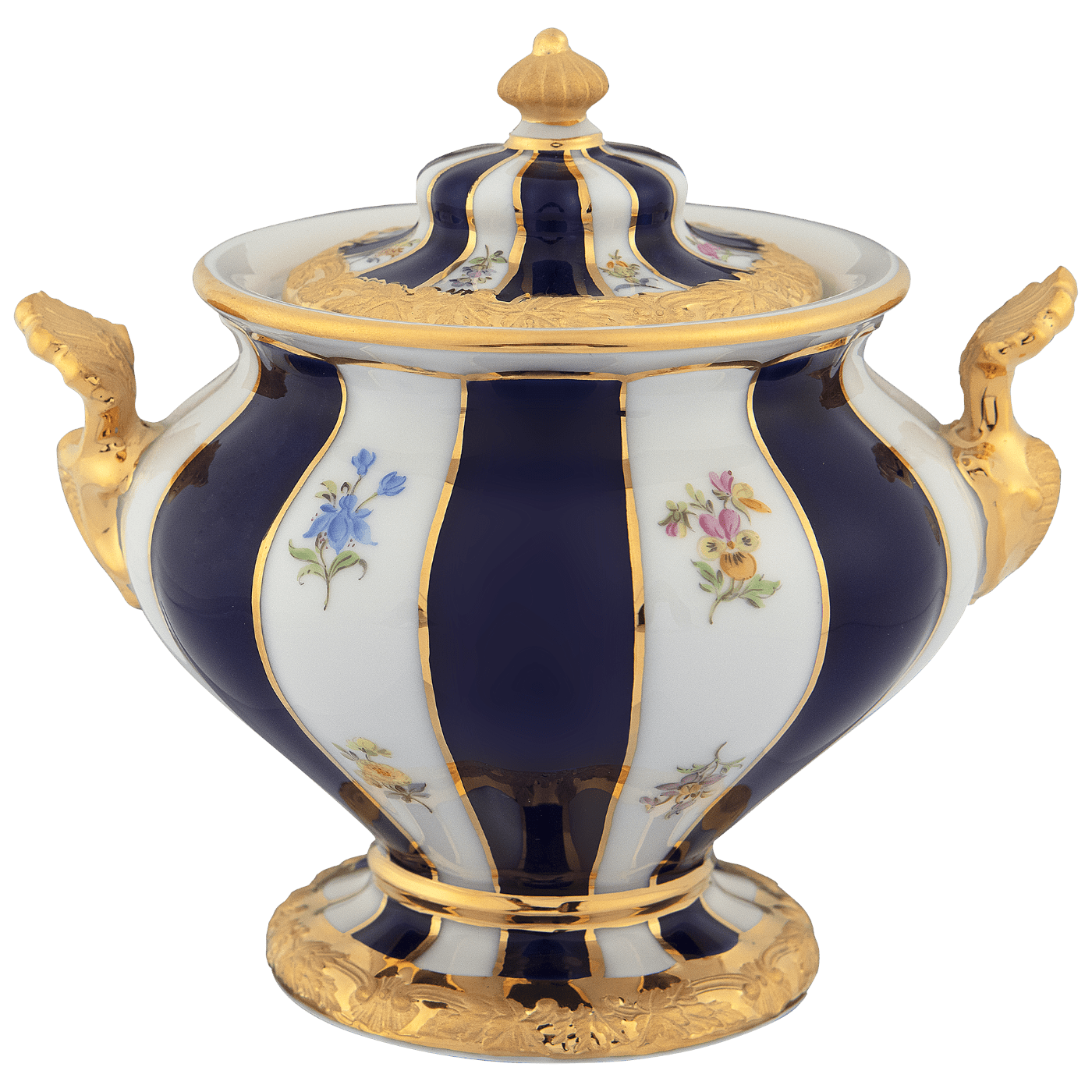 Zuckerdose, gestreute Blümchen, königsblau glasiert, Goldbronze, H 13,5 cm | Meissen X - Form 011079 - 17823 - Meissen Weimar