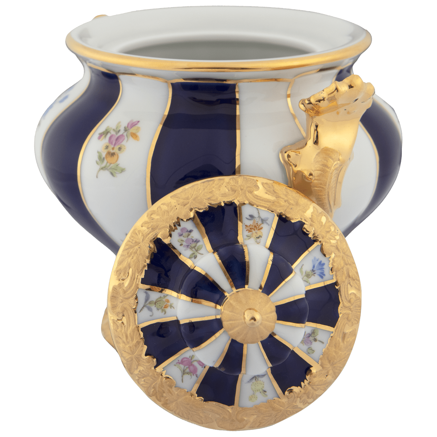 Zuckerdose, gestreute Blümchen, königsblau glasiert, Goldbronze, H 13,5 cm | Meissen X - Form 011079 - 17823 - Meissen Weimar